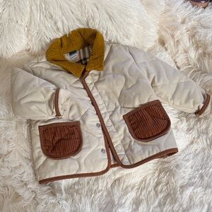 Old Navy Cream Quilted Jacket with Mustard Corduroy Collar and Brown Trim
